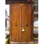 18th CENTURY INLAID MAHOGANY BOW FRONTED WALL MOUNTING CORNER CUPBOARD