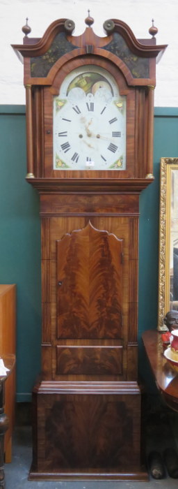 19th CENTURY MAHOGANY LONGCASE CLOCK WITH HANDPAINTED AND ROLLING MOON DIAL,