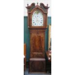 19th CENTURY MAHOGANY LONGCASE CLOCK WITH HANDPAINTED AND ROLLING MOON DIAL,