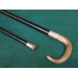 SILVER MOUNTED WALKING CANE AND SILVER BANDED HORN HANDLED WALKING STICK