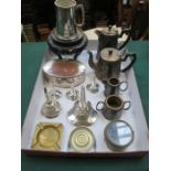 SUNDRY LOT INCLUDING FOUR PIECE TEA SET, ORIENTAL TREEN STAND, SMITHS CLOCK FACE, SILVER PLATEDWARE,