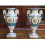 PAIR OF COALPORT STYLE HANDPAINTED, GILDED AND FLORAL DECORATED TWO HANDLED CERAMIC VASES,