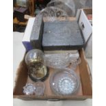 BOXED COLLECTORS PLATES, VARIOUS GLASSWARE AND DOMED CLOCK, ETC.