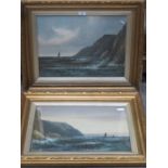 A MARTIN, PAIR OF GILT FRAMED AND GLAZED SEASCAPES- SAILING AROUND THE ROCKY COASTS,
