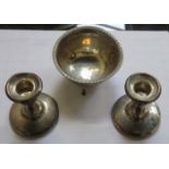 HALLMARKED SILVER SUGAR BOWL AND PAIR OF CANDLE STANDS