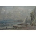 PHIL OSMENT, FRAMED WATERCOLOUR DEPICTING A ROCKY BEACHSIDE SCENE,