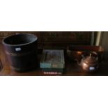 BRASS BOUND BUCKET, COPPER KETTLE AND PLANTER PLUS VINTAGE BOARD GAME, ETC.