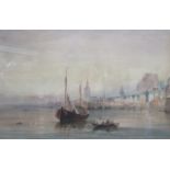 WILLIAM GAVIN HERDMAN, FRAMED WATERCOLOUR DEPICTING A HARBOUR SCENE, INITIALLED WH TO BOTTOM LEFT,