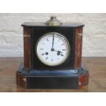 DECORATIVE BLACK SLATE AND MARBLED MANTLE CLOCK WITH CIRCULAR ENAMELLED DIAL, J&W JEFFREY & CO,