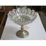 GLASS TAZZA ON HALLMARKED SILVER STEMMED STAND,