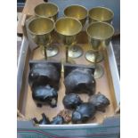 SET OF SIX SILVER PLATED GOBLETS AND EBONISED ELEPHANTS