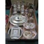 VARIOUS SILVER PLATED WARE INCLUDING CRUET SET, ETC.