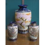 PAIR OF SATSUMA WARE VASES, HEAVILY GILDED AND HANDPAINTED WITH FLORAL SWAGS AND BIRDS,