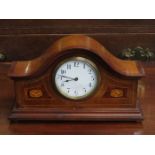 MAHOGANY INLAID WELLINGTON STYLE MANTEL CLOCK WITH CIRCULAR ENAMELLED DIAL AND BUREN SWISS MOVEMENT