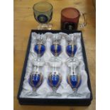 CASED HUNGARIAN DRINKING GLASSES AND TWO PIECES OF COLOURED GLASSWARE,
