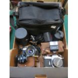 BOX OF CASED VARIOUS CAMERAS,