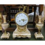 FRENCH STYLE GILT METAL AND MARBLE EFFECT CLOCK AND GARNITURE SET