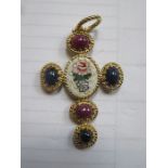 TAGLIAMONTE 18k GOLD ITALIAN MICRO MOSAIC CROSS PENDANT SET WITH SEMI-PRECIOUS STONES