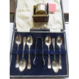 CASED SET OF SIX SILVER TEASPOONS AND SUGAR TONGS,