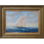 ROBERT MOORE, FRAMED OIL ON BOARD, SIGNED AND DATED 1968- 'J' CLASS YACHTS OFF,
