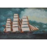 ORIENTAL REVERSE PAINTING ON GLASS DEPICTING A TEA CLIPPER IN FULL SAIL, IN DARK FRAME,