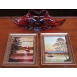 MURANO STYLE SHAPED GLASS DISH PLUS PAIR OF FRAMED PICTURES