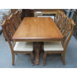 20tH CENTURY TWIN PEDESTAL DINING TABLE WITH SIX PIERCEWORK CHAIRS