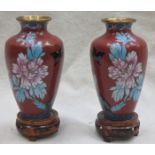PAIR OF SMALL CLOISONNE ORIENTAL VASES, ON WOODEN STANDS,