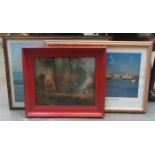 FRAMED OIL ON METAL PANEL AND TWO LIVERPOOL WATERFRONT PRINTS