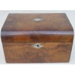 VICTORIAN WALNUT VENEERED VANITY BOX WITH BLUE VELVET SECTIONAL INTERIOR AND CONTENTS