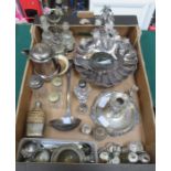 VARIOUS SILVER PLATEDWARE INCLUDING CRUET ITEMS AND CHAMBER STICK, ETC.