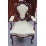 MAHOGANY PIERCEWORK DECORATED AND UPHOLSTERED ARMCHAIR