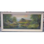 OCTAVIA THOMSON, FRAMED OIL ON BOARD DEPICTING A COUNTRYSIDE RIVER SCENE WITH COTTAGE, DATED 1975,