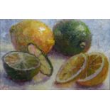 LANA OKIRO, FRAMED STILL LIFE OIL ON BOARD DEPICTING CITRUS FRUIT,