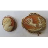 VICTORIAN UNHALLMARKED YELLOW METAL CAMEO BROOCH PLUS ANOTHER