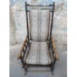 19th CENTURY STAINED BEECH UPHOLSTERED AMERICAN ROCKING CHAIR