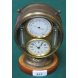 19th CENTURY BRASS AND GLASS DESK BAROMETER AND CLOCK SET