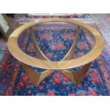 G PLAN ASTRO PATTERN TEAK CIRCULAR GLASS TOPPED COFFEE TABLE