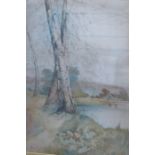 WALTER AUBREY, FRAMED WATERCOLOUR OF A LAKESIDE SCENE,