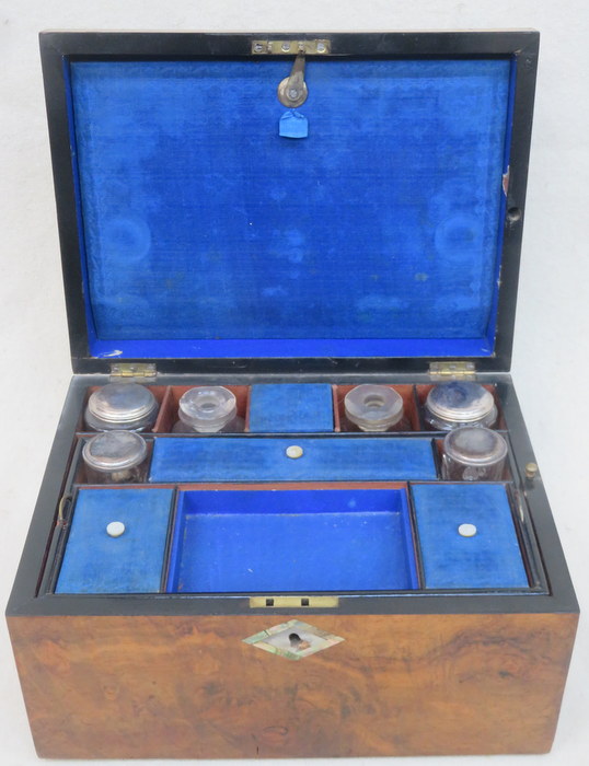 VICTORIAN WALNUT VENEERED VANITY BOX WITH BLUE VELVET SECTIONAL INTERIOR AND CONTENTS - Image 2 of 2