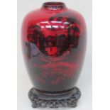 ROYAL DOULTON FLAMBE GLAZED CERAMIC OVIFORM VASE ON WOODEN STAND,