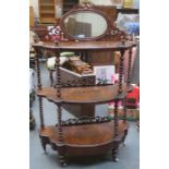 19th CENTURY FIGURED WALNUT PIERCEWORK DECORATED AND BARLEY TWIST MIRROR BACK THREE SECTION WHATNOT