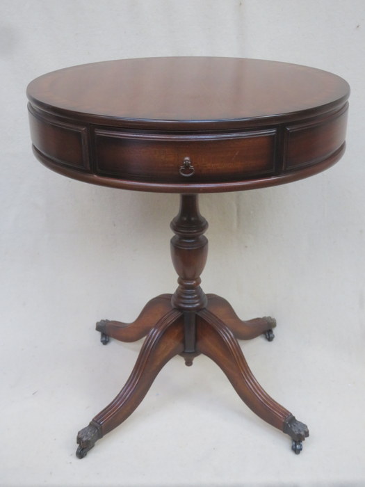 20th CENTURY MAHOGANY CIRCULAR DRUM TOP TABLE FITTED WITH TWO DRAWER,