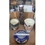 SUNDRY LOT INCLUDING CARVED AFRICAN STYLE FIGURE GROUP, TWO ROYAL DOULTON CHARACTER JUGS,