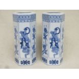 PAIR OF ORIENTAL BLUE AND WHITE HEXAGONAL SLEEVE VASES,