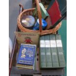 MIXED LOT INCLUDING FOLIO VOLUMES, WICKER BASKET, GAMES,