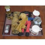 MIXED LOT INCLUDING SOOTY HAND PUPPET, TEDDY BEAR, MINER'S LAMP,