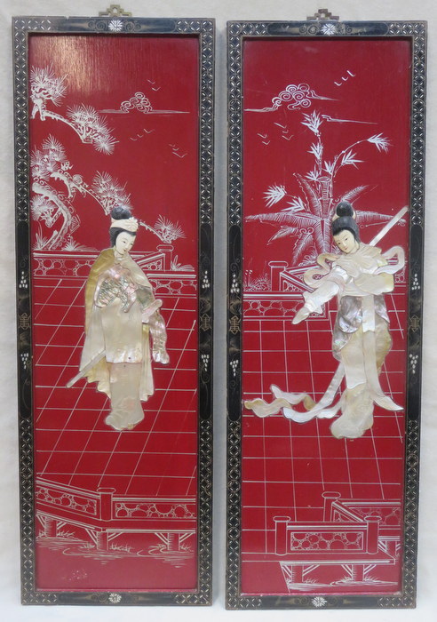 PAIR OF ORIENTAL IVORY AND MOTHER OF PEARL MOUNTED PANELS,