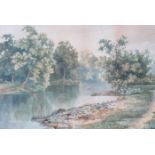 UNSIGNED WATERCOLOUR DEPICTING A RIVERSIDE SCENE,