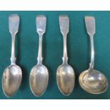THREE HALLMARKED SILVER SPOONS AND SILVER SOUP LADLE